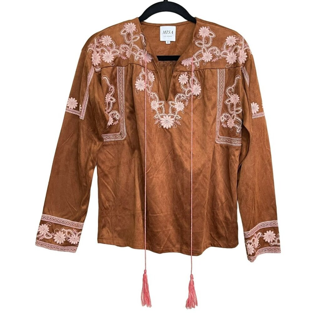 Misa $250 Faux Suede Embroidered Boho Tassel Long Sleeve Top Size XS NWOT
